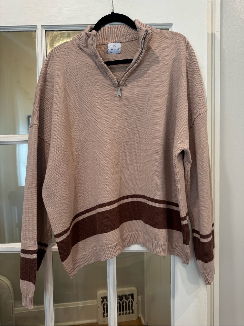 Women's Brown Half-Zip Sweater with Contrast Stripes